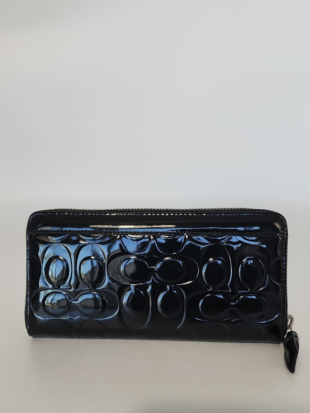 COACH Black Signature Debossed Patent Leather Zip Around Accordion Wallet